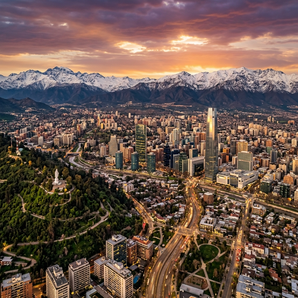 Vista panorámica de Santiago de Chile con la Cordillera de los Andes al atardecer - Limovan transporte turístico privado